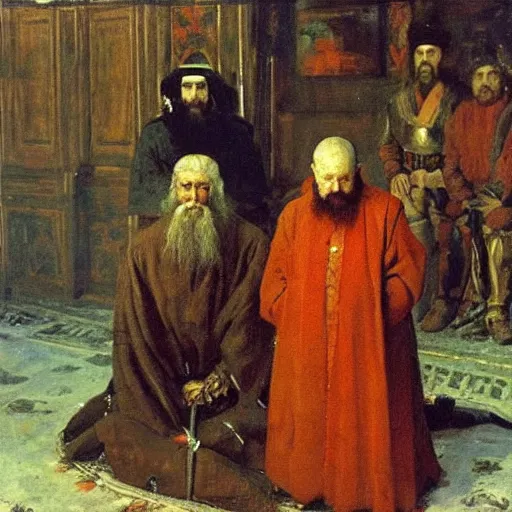 Image similar to ivan the terrible and his son ivan, painting by ilya repin, extremely detailed, oil on canvas