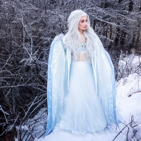 Prompt: photo of a real life beautiful ice queen with ornate cloak, 4 k, hdr, smooth, sharp focus, high resolution, award - winning photo
