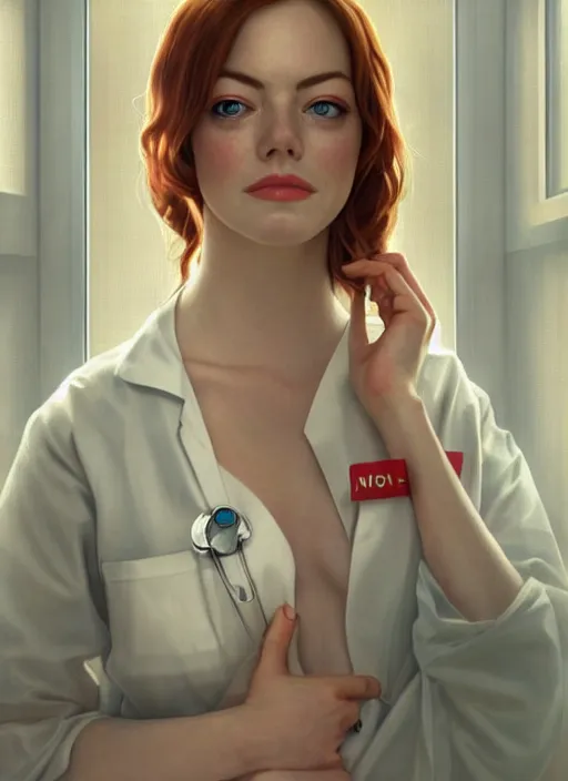 Prompt: portrait emma stone as hot nurse in hospital, full length shot, shining, 8k highly detailed, sharp focus, illustration, art by artgerm, mucha, bouguereau