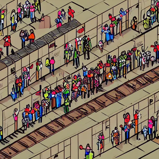 Image similar to a search and find illustration of a zombie horde at a train station with survivors hidden behind objects, isometric view, photorealistic