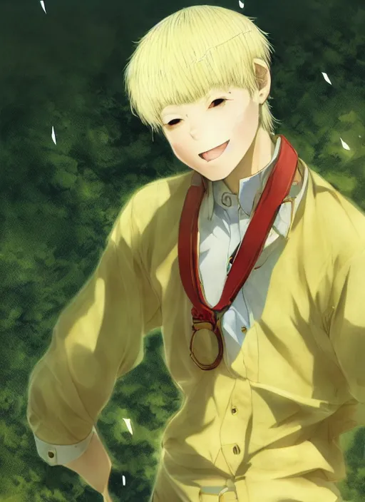 Prompt: fursona character portrait of an albino mountain wearing a yellow button-down shirt, green slacks, and suspenders. hidari, color page, tankoban, 4K, tone mapping, Akihiko Yoshida.
