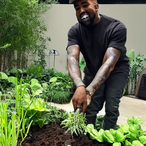 Image similar to Kanye West watering plants in a garden with a smile on his face, 8km, realistic, sharp, high details, detailed