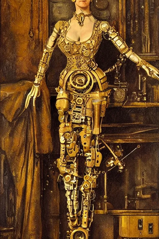 Prompt: brass semi - mechanical woman, portrait, floral art novuea dress, art by rembrandt, in steampunk cityscape designed by victor horta, golden hour, robotic prosthetic limbs, symmetrical, coloured lineart