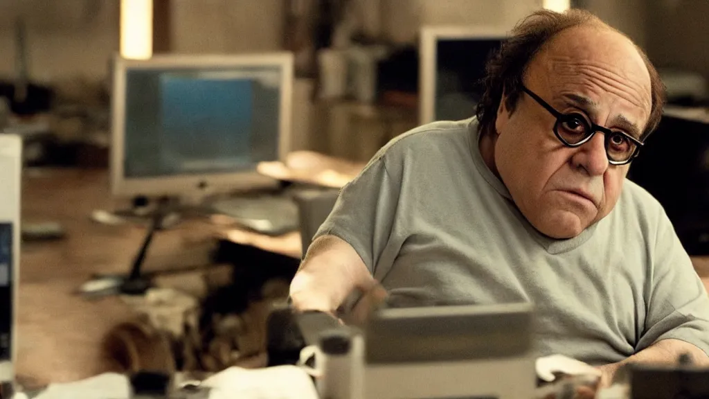 Prompt: danny devito bleary eyed at a computer, film still from the movie directed by Denis Villeneuve