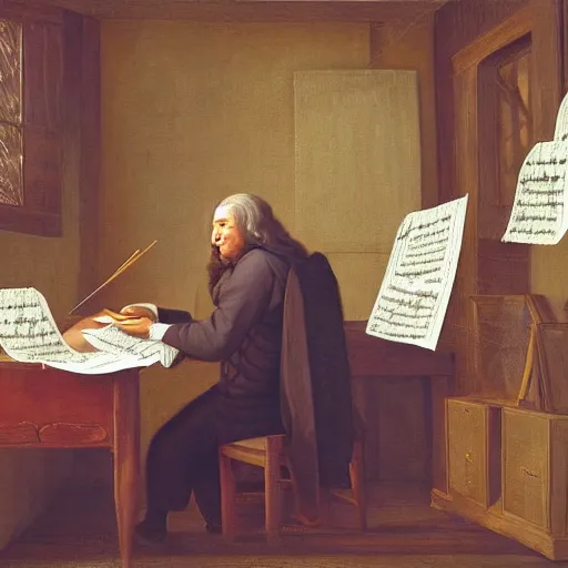 Image similar to highly detailed painting of bach writing a piece of music on a sheet of paper, he is inside of a wooden shack, 4 k resolution, by jaquis luis david, visible paint layers, renaissance.