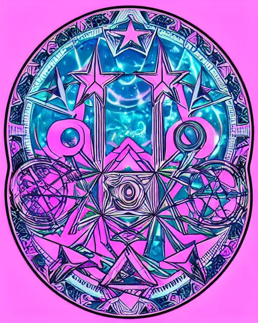Prompt: “a beautiful tattoo design with a vaporwave theme representing the seven steps of the esoteric alchemical process. It features kawaii stars and symbols. Simple tattoo design with white background.”