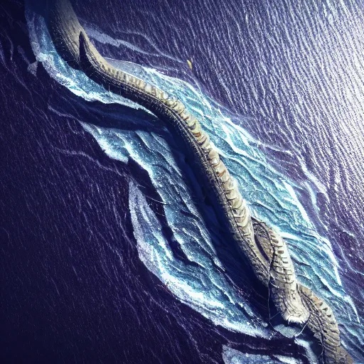 Image similar to top down view of an alien ocean with sea serpent emerging on top of it, detailed, cinematic lighting, storm is happening, unreal engine 4 render, artstaion