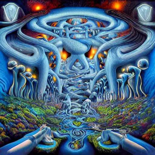 Image similar to the smurfs on tool album cover, 8 k resolution hyperdetailed, surrealism style of alex grey, extremely highquality