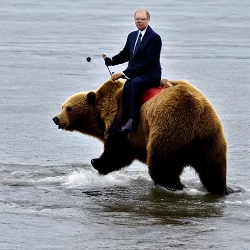 Prompt: vladimir putin riding a bear crossing a river