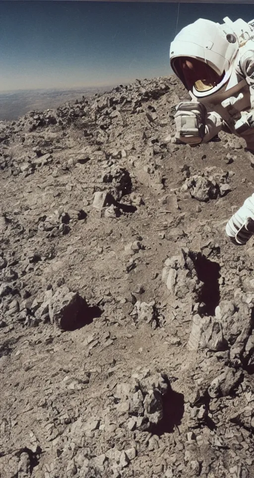 Prompt: astronaut taking a selfie with jesus christ at golgotha, mountain of skulls in background, realistic old photo, coal dust, lomo