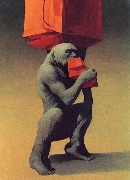 Prompt: ape in paper bag over the head and a sward Edward Hopper and James Gilleard, Zdzislaw Beksinski, highly detailed