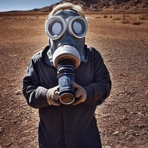 Prompt: A photo of Boris Johnson in a gas mask and underpants, Breaking Bad, New Mexico desert, cinematic lighting, RV