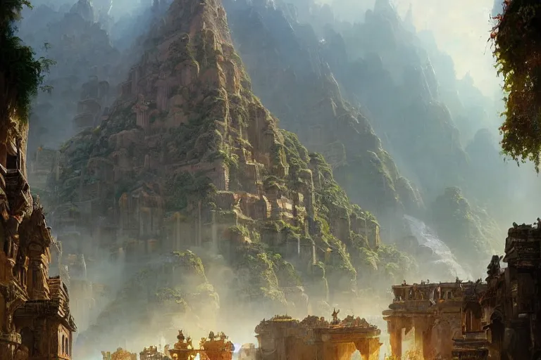 Prompt: A beautiful epic painting of the lost city of El dorado by greg rutkowski and thomas kinkade, Trending on artstation HD.