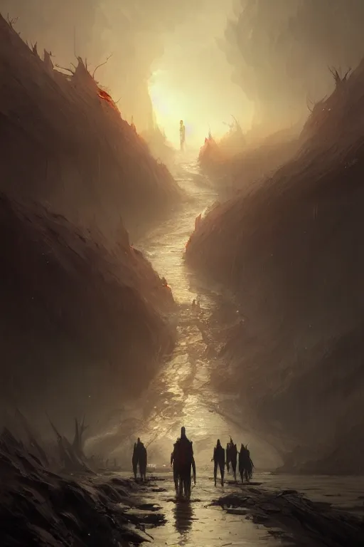 Prompt: bloody river in hell, by greg rutkowski, people walking into the horizon, trending on artstation