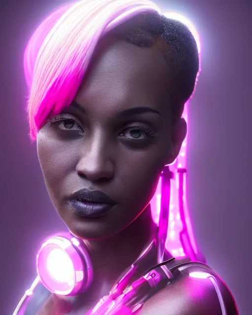 Image similar to portrait of a beautiful black woman with pink hair as a cyberpunk cyborg half robot, revealing wires and electronics, hooked - up, sci - fi, missing panels, intricate abstract upper body intricate artwork, concept art, octane render, deviantart, cinematic, key art, hyperrealism, iridescent accents, portrait photograph, nikon 3 5 mm, photograph by greg rutkowski