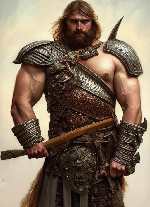 Image similar to symmetry! portrait of barbarian man, short blond hair, d & d, muscular!! angry!!! armour, fantasy, intricate, elegant, highly detailed, digital painting, artstation, concept art, smooth, sharp focus, illustration, art by artgerm and greg rutkowski and alphonse mucha