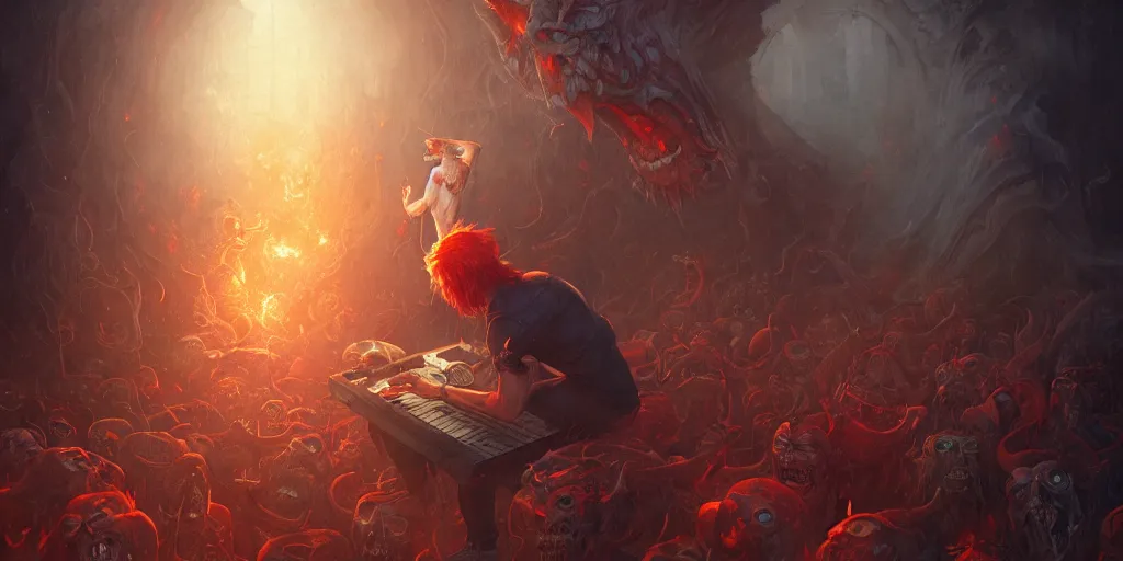 Image similar to maniac playing music in hell, detailed intricate illustration, detailed illustration, hd, 4 k, digital art, overdetailed art, by greg rutkowski, by loish, complementing colors, trending on artstation, deviantart