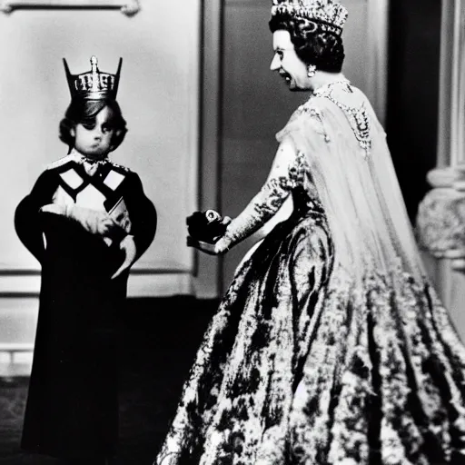 Prompt: Black and White photograph of Queen Elizabeth the second holding hands with demonic monster, 4k, highly detailed, 1952