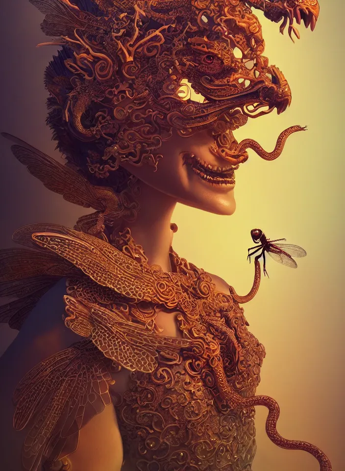 Prompt: 3 d goddess close up profile portrait with agate snake skull, beautiful intricately detailed bird mask and clasical chinese cheongsam. chinese dragon, dragonfly, bio luminescent, plasma, fire, water, wind, creature, artwork by tooth wu and wlop and beeple and greg rutkowski