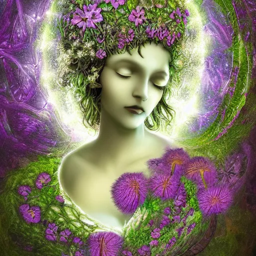 Image similar to glowing delicate flower and mushrooms that grow in a dark fatansy forest on the planet Pandora, an idealistic marble statue with fractal flowery hair in a fractal garden,