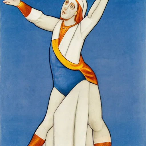 Image similar to blonde nun in blue clothes on roller skates, body shot, in the style of michaelangelo