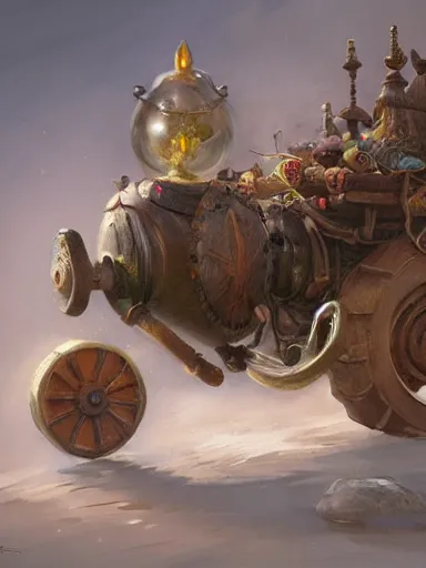 Image similar to a tinker carrying a giant wagon full of trinkets and hanging artifacts. intricate, elegant, highly detailed, digital painting, artstation, concept art, sharp focus, illustration, by justin gerard and artgerm, 8 k