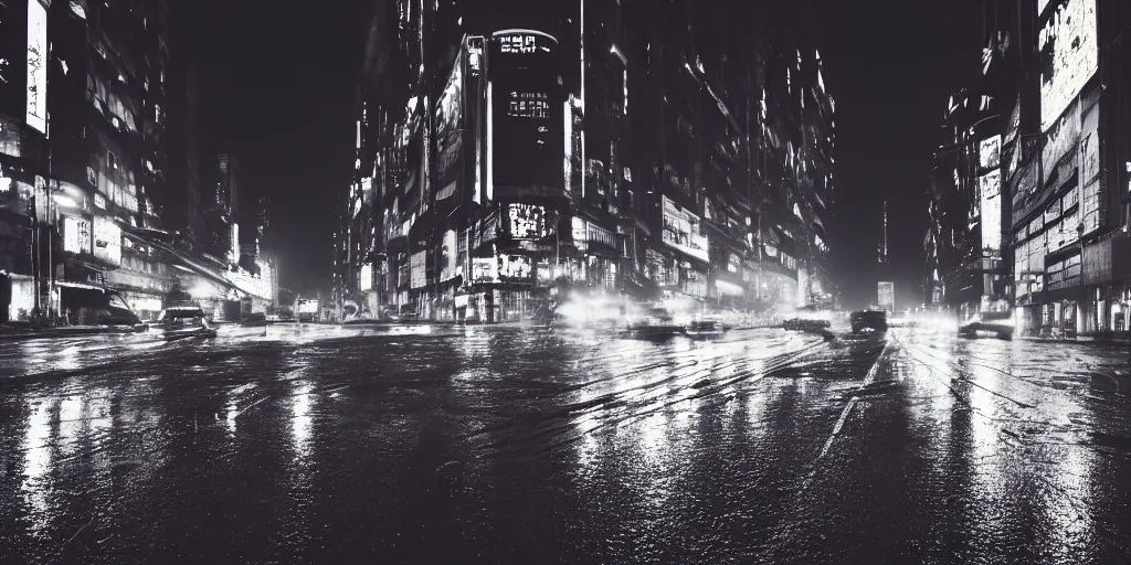Image similar to a city street at night, raining, photograph, cars on the road, cyberpunk, sharp focus, intricate detail