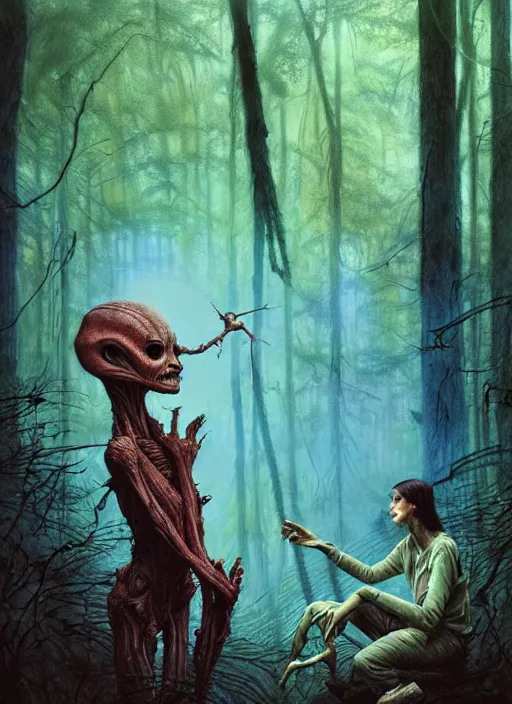 Image similar to hyper realistic magic alien in the woods in a river gorgeous lighting, lush forest foliage blue sky a hyper realistic ink drawing by chiara bautista and beksinski and norman rockwell and greg rutkowski, tom bagshaw weta studio, and lucasfilm