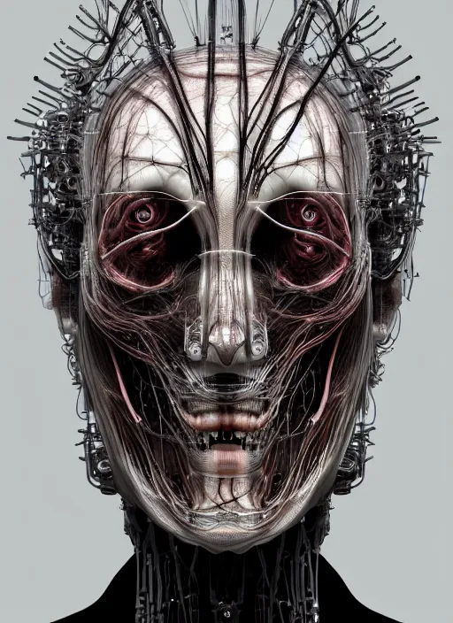 Prompt: portrait of neural nightmares by yoshitaka amano and HR Giger, detailed face face face face, facial structure, hd, 8k, very very very very electronic, biomechanical, biology, bio, neural machine, single subject