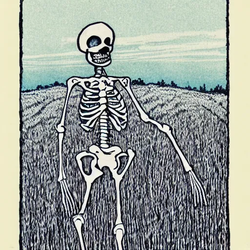 Image similar to risograph of a skeleton in a field