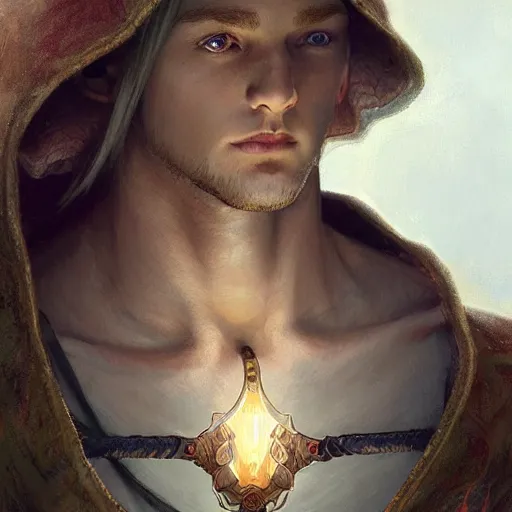 Prompt: elf fairy blonde male with a beautiful face, with a loot on their back, wearing a cardigan, highly detailed, intricate, digital painting, artstation, sharp focus, illustration, art by jakub rozalski, greg rutkowski, artgerm, tan zi and ayanamikodon and alphonse mucha and wlop