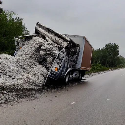 Prompt: a truck with a wedge demolishing everything on road