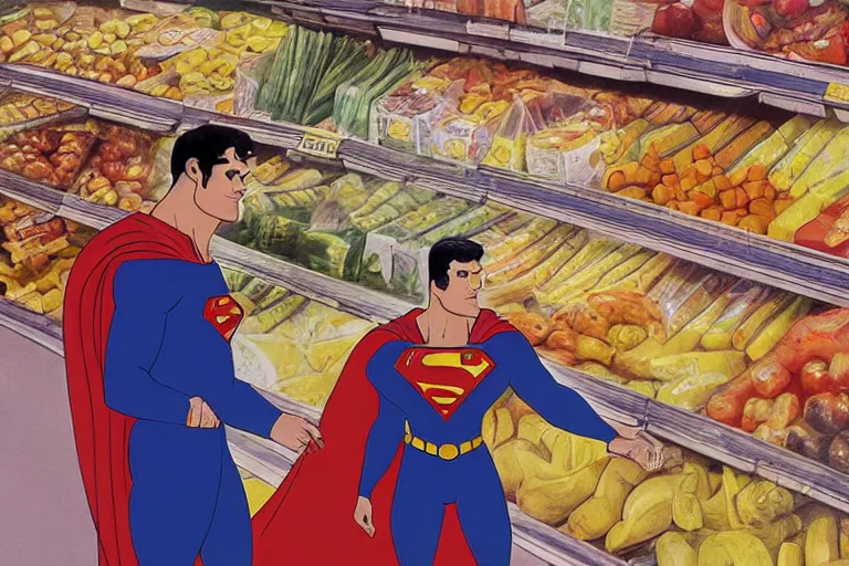 Prompt: Cinematography superman buying groceries in Moratalaz by Emmanuel Lubezky