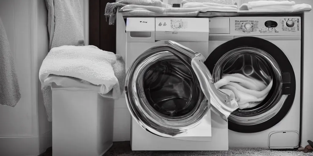 Prompt: washing machine in bed, photograph