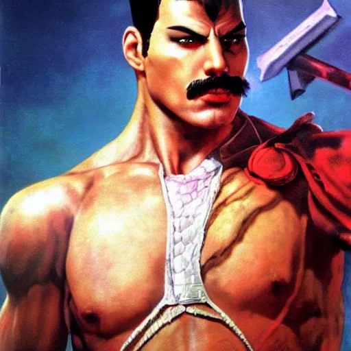 Image similar to ultra realistic freddy mercury as ryu from street fighter, painting by frank frazetta, 4 k, ultra realistic, highly detailed,