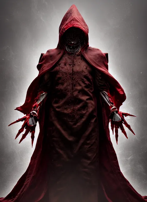 Prompt: character design, biomechanical arcanist, tattered robe and hood, red lightning, fog, scary, arrogant, hostile, photorealistic, cinematic, hyper realistic, octane render, 8 k, full shot