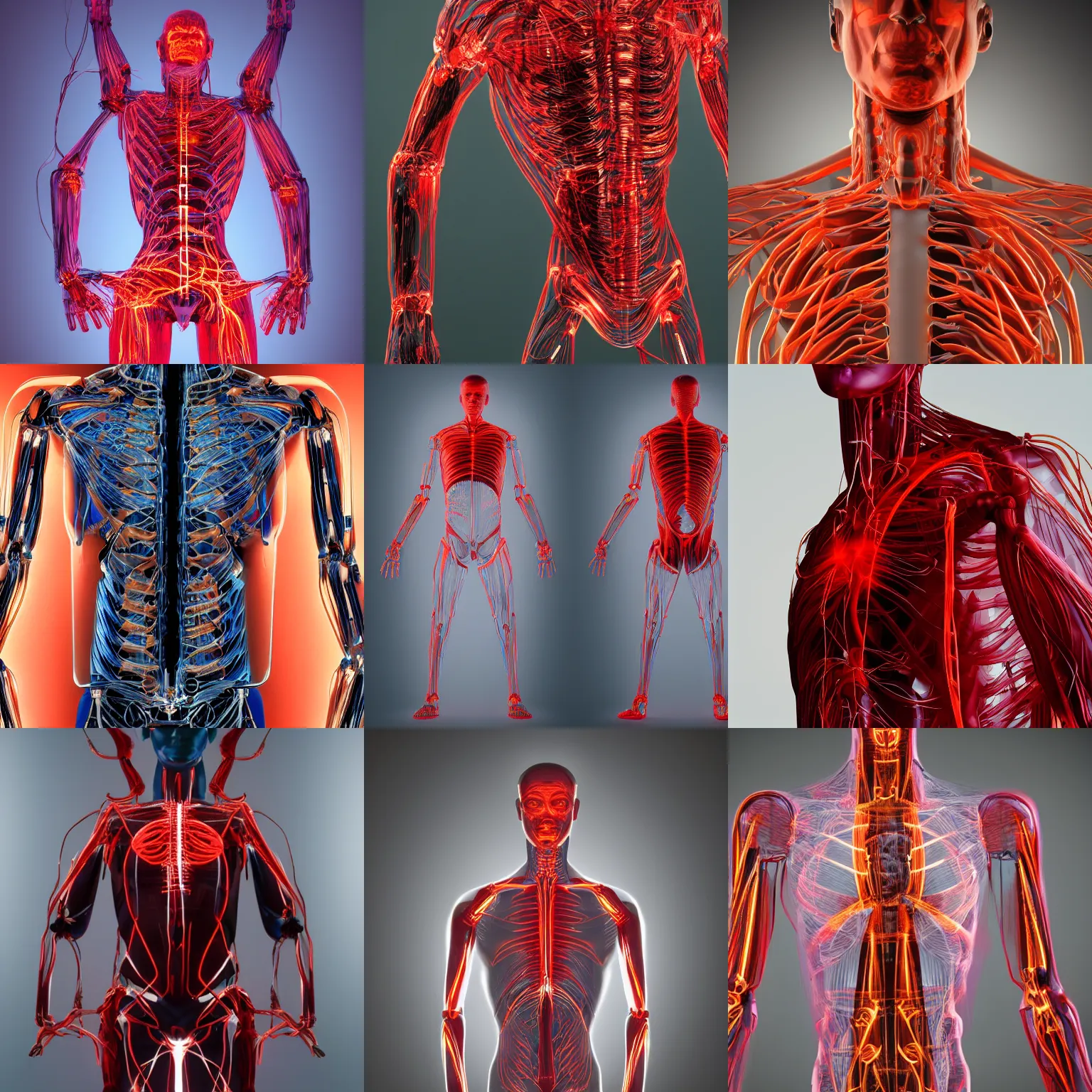 Prompt: long shot of a see through torso display of a bio - electrical humanoid, glowing red veins, centerpiece symmetry, hyper realistic, proportional composition, volumetric random lighting in the background, studio lighting, 8 k