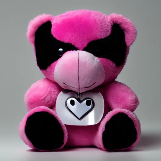 Prompt: pink teddybear with a black heart symbol on it's chest