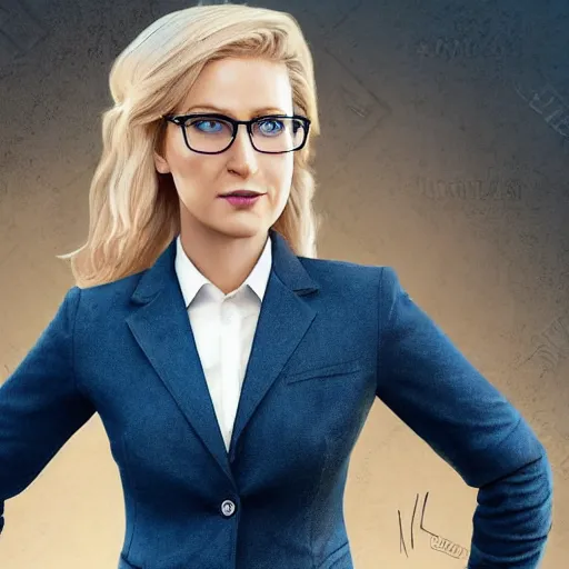 Prompt: perfect composition, subdued color palette, award-winning concept art, detailed digital painting, airbrushed, low contrast: a blond female accountant in a blue suit with glasses riding in a saddle on a horse. Volumetric cinematic lighting, great attention to perfect anatomy, special attention to posing, great attention to realistic facial expression, faithful cinematic color scheme, perfectly coherent. In the style of: Greg Rutkowski, Francis Bacon, Syd Mead, Norman Rockwell, Beksinski, Edward Hopper, James Gilleard, Ilya Kuyshinov, WLOP, Stanley Artgerm, Takato Yamamoto, and James Jean.