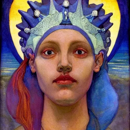 Image similar to the ocean crown, by Annie Swynnerton and Nicholas Roerich and Diego Rivera, blue skin, elaborate costume, geometric ornament, rich color, dramatic cinematic lighting, smooth, sharp focus, extremely detailed