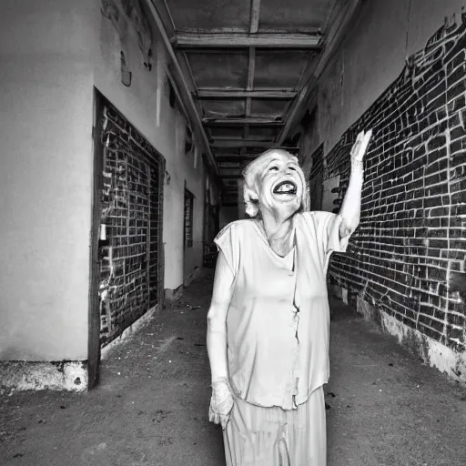 Image similar to scary old lady laughing in an abandoned prison, security camera, black and white, real