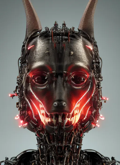 Image similar to a portrait up of a creepy looking biomechanical animal head, gigeresque cyberpunk art by ikuo hirayama, photorealism, octane render, behance hd, polycount, glowing fire background