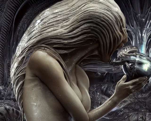 Image similar to cinematic full - body - shot still of kim kardashian being syphon fed by an xenomorph in a transparent alien liquid, wet flowing hair, gooey skin, illustration, unreal engine 5, 8 k, made by h. r. giger.