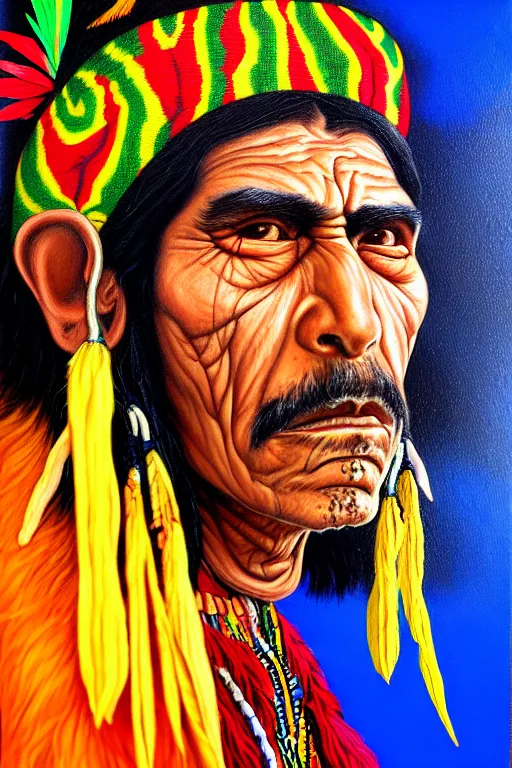 Prompt: Portrait Paintings of a South American Shaman in the style of Luis Tamani,