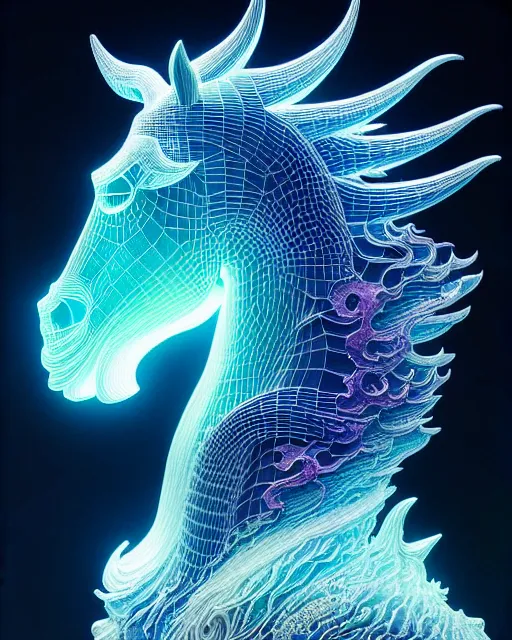 Image similar to 3 d ornate carved dark cosmic horse with profile portrait, sigma 5 0 0 mm f / 5. beautiful intricate highly detailed mongolian horse. bioluminescent, plasma, lava, ice, water, wind, creature, thunderstorm! artwork by tooth wu and wlop and beeple and greg rutkowski, 8 k trending on artstation