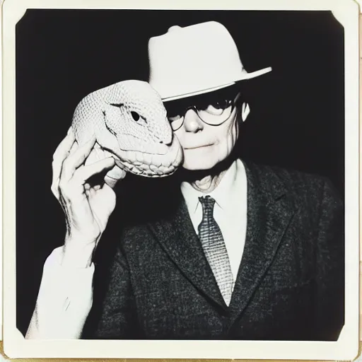 Prompt: medium-shot neat polaroid photo of Truman Capote wearing a hat, holding a big snake, by Andy Warhol