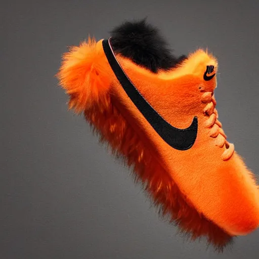 Prompt: nike shoe made of very fluffy orange faux fur placed on reflective surface, professional advertising, overhead lighting, heavy detail, realistic by nate vanhook, mark miner