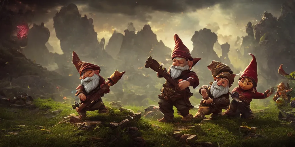 Image similar to An Epic gnome war, realistic 4k octane beautifully detailed render, 4k post-processing, highly detailed, intricate complexity, epic composition, magical atmosphere, cinematic lighting, masterpiece, ultra hd