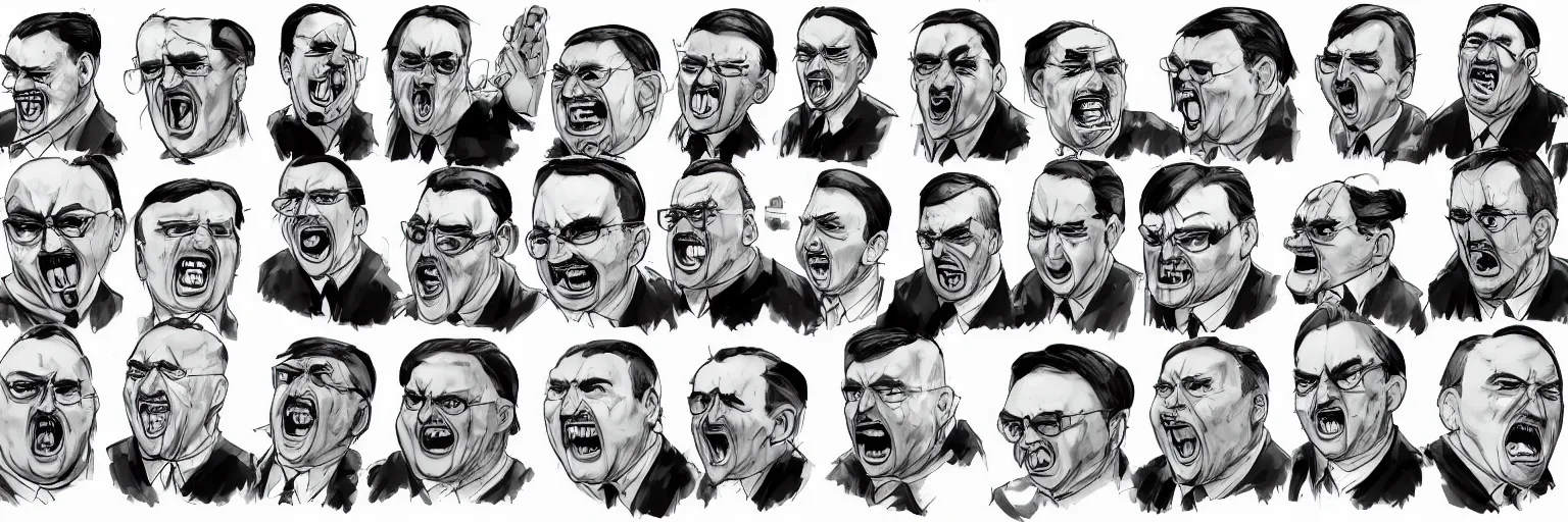 Prompt: character face study of screaming mike patton and adolf hitler, clear, evil, glasses, angry, character sheet, fine details, concept design, contrast, kim jung gi, da vinci and pixar, trending on artstation, 8 k, 3 6 0 head, turnaround, front view, back view, ultra wide angle
