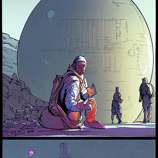 Image similar to Beggar priest in busy spaceport on luna 5 colony. Concept art by James Gurney and Mœbius.